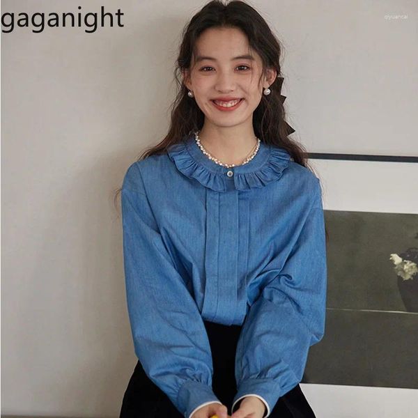 Blouses pour femmes Gaganight Femme French Retro Lace Denim Blue Loose Shirt Spring Automne 2024 Casual Top Outdoor Commutation