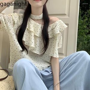 Blouses pour femmes Gaganight Femmes Simple Polka Dot Off Boder Lotus Leaf Edge Hanging Neck Shirt 2024 Summer Corée Chic Chic Gentle Top Femme