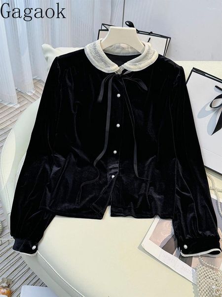 Blouses pour femmes Gagaok French rétro poupée couche Velvet Shirt Femme 2024 Automne Hiver Design Slim Bubble Sleeves en couches Vintage Top