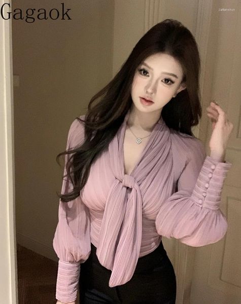 Blusas para mujeres gagaok rosa color púrpura encaje de manga larga camisa de cuello en v