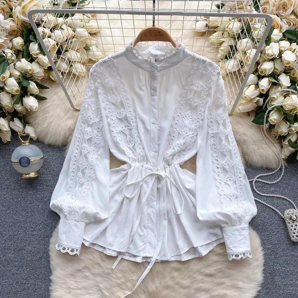 Blusas de mujer Gagaok dulce encaje crochet patchwork camisa moda coreana 2024 primavera ropa de mujer elegante cintura delgada arriba suave tops mujer