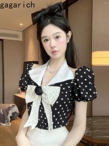 Blouses pour femmes Gagarich Couleur vintage Contraste Polka Dot Per perle Bow Splicing Shirt Femme Elegant Abel Puff Sleeve Hollow Out Volyle