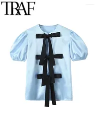 Blouses des femmes GAL 2024 Été Femmes Patchwork Bows Tied Fashion Blue Satin Blouse Puff Sleeve O Shirt Coup Femme Tops Y2K Streetwear