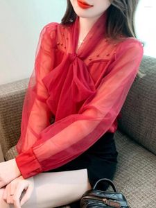 Damesblouses Gaasstiksels Chiffon Overhemd Met Lange Mouwen Herfstkleding 2023 Mode Mooie Rode Top Vlinderdas Kraag