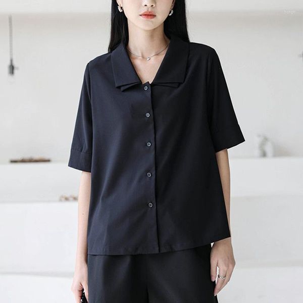 Blusas de mujer GIDYQ Y2K Camisa de gasa de doble cuello Moda coreana Todas las mujeres coinciden con Media manga Tops Verano Casual Oficina Damas Negro