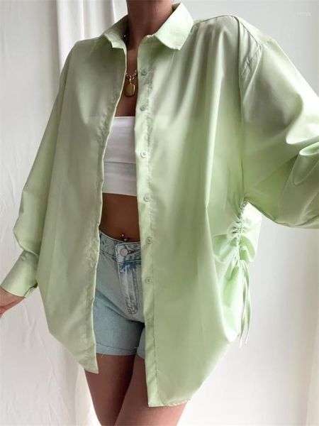 Blouses Femmes Fille Casual Menthe Vert Chemise À Manches Longues 2023 Printemps Femme Chic Lâche Cordon Chemises Femme Surdimensionné Bouton Solide