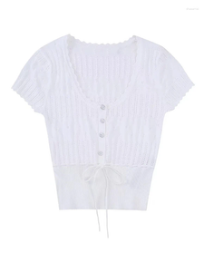 Blouses pour femmes filles 2023 été élégant volants col rond manches courtes taille haute tricoté hauts blancs femmes élastique noir à lacets chemisier