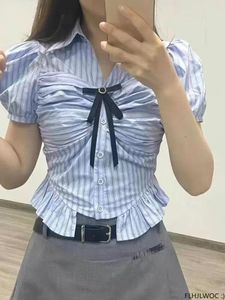 Vrouwen Blouses Meisjes 2024 Zomer Vrouwen Sexy Leuke Korte Crop Tops Preppy Stijl Vintage Japan Korea Knop Ruches Shirts