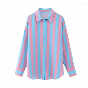Vrouwen Blouses Meisjes Losse Roze Blauw Gestreepte Lange Mouwen 2023 Lente Vrouwelijke Zoete Oversized Button Shirt Zacht Linnen