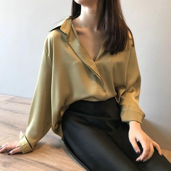 Blouses Femmes Filles Bureau Porter Printemps Satin Blouse Femme À Manches Longues Chemise Lâche Couleur Unie Mince Dames Vintage Casual Femmes Tops