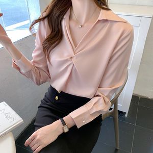 Chemisiers pour femmes filles chemise en Satin rose femmes élégant Streetwear Blouse lisse à manches longues col rabattu dames hauts grande taille Xxl