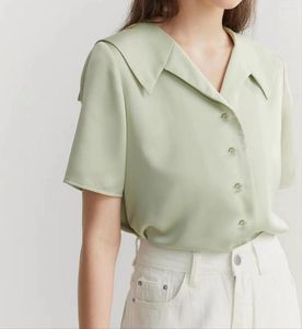 Blusas de mujer, camisa de gasa de satén de verano para niñas, Top de manga corta con botones, ropa de calle de estilo francés para mujeres, lindas camisas blancas verdes dulces Xxl