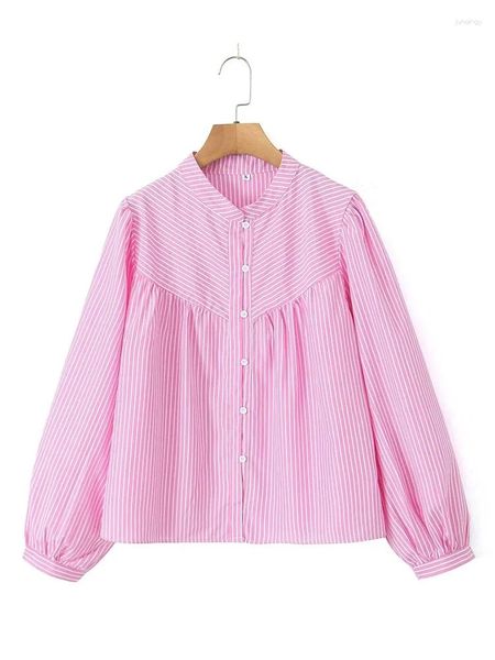 Blouses Femmes Filles Col rabattu 2024 Mode d'été Rose Tops amples Femmes Printemps Casual Rayé Imprimé Simple Boutonnage Longues Chemises