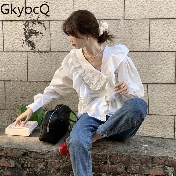 Blusas de mujer GkyocQ Moda coreana Tops de mujer Primavera Volantes Empalmados Cuello vuelto Manga larga Camisa blanca asimétrica Blusa