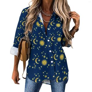 Chemisiers pour femmes Glod Moon Blouse décontractée soleil et étoiles imprimer joli motif femme à manches longues chemises de base printemps hauts surdimensionnés