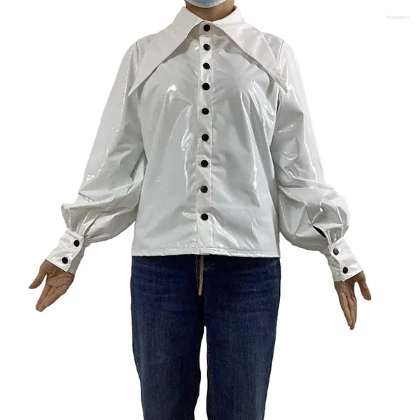 Blouses pour femmes Gloosy PVC cuir boutonné chemises à manches bouffantes col rabattu chemisier hauts bureau dame club sexy pour les femmes veste 7XL