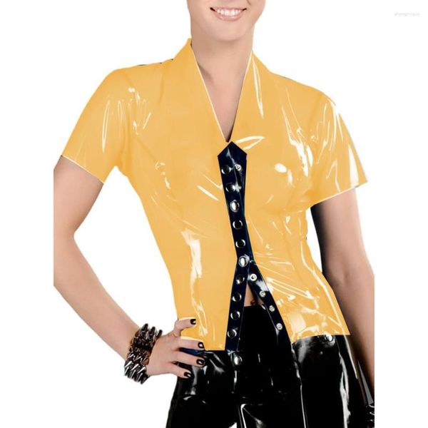 Blusas de mujer PVC transparente brillante Sexy Tops transparentes Patchwork colores Turn-down Neck Snaps perspectiva blusa traje cuerpo lencería camisa