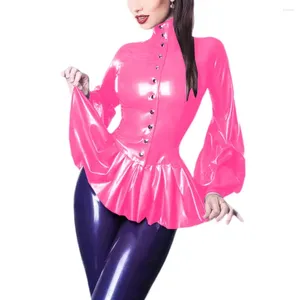 Blouses pour femmes Col roulé en PVC brillant Simple boutonnage Ourlet à volants Chemises Faux Latex Chemisier à manches longues Slim Fit Tops Vintage Gothique 7XL