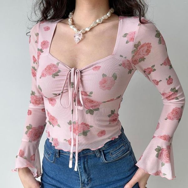 Blouses pour femmes Go Girl fait maison français doux fleur imprimé cloche manches col carré chemise pour les femmes mince haut long