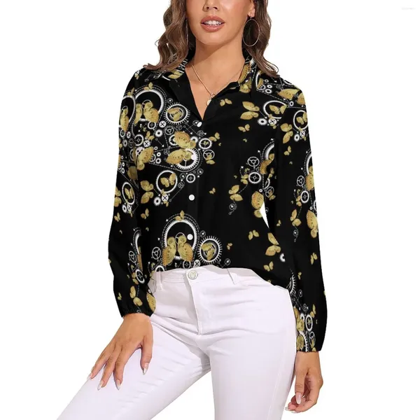 Blusas de mujer, blusa de mariposa dorada, estampado de engranajes para mujer, moda coreana, camisas holgadas de manga larga a la moda, Tops con patrón de talla grande