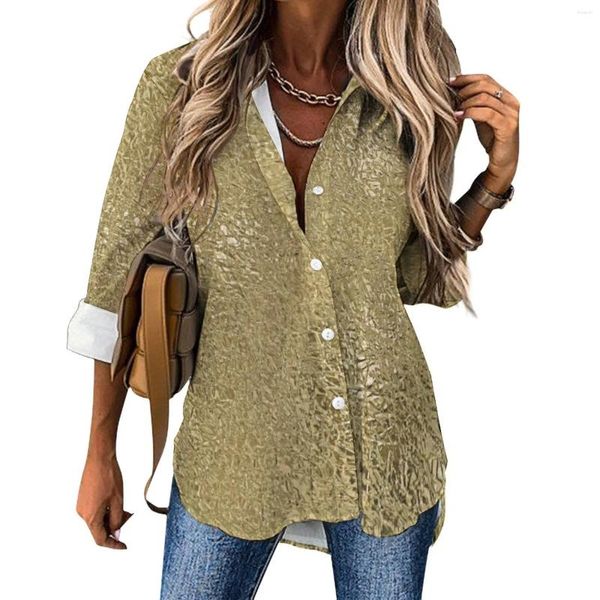 Blusas de mujer Blusa informal con estampado metálico sintético dorado Manga larga Brillo dorado Camisa básica extragrande para mujer Tops Regalo de cumpleaños