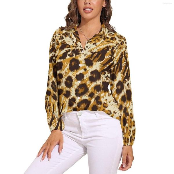 Blouses pour femmes or imprimé léopard Blouse motif Animal mignon personnalisé femmes à manches longues chemise décontractée automne haut surdimensionné