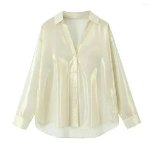 Damesblouses Goud Metallic Geel Losse shirts Mode Vrouw Blouse 2024 Oversize Koreaanse Herfst Elegant Vintage Jeugd Stijlvol Casual