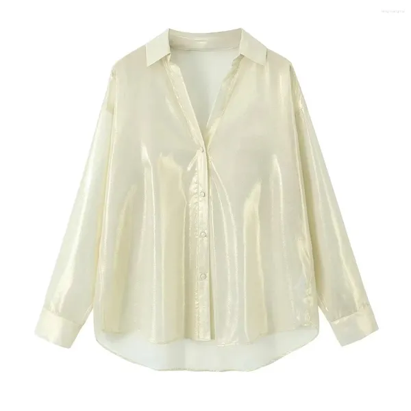 Blouses pour femmes Or Métallisé Jaune Chemises Lâches Mode Femme Chemisier 2024 Oversize Coréen Automne Élégant Vintage Jeunesse Élégant Décontracté