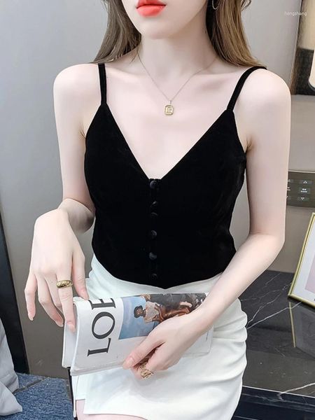 Blouses pour femmes réservoirs en velours doré Verte de mode coréen Bouton de mode Femmes Tops Suspender Splicing Sexy Blouse Basic OL Vêtements féminins