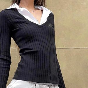 Blouses Femmes Goth Dark Preppy Style 90s Streetwear Côtelé Américain Rétro Y2k Polo Col Femmes Chemises Patchwork Broderie Automne Tops