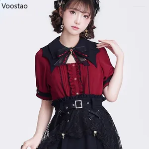 Damesblouses Gothic Y2k Esthetisch overhemd Japans Schattig Lolita Boog Kant Uitgehold Vleermuiskraag Bladerdeegmouwen Losse blouse Dames Zoete kleding