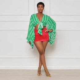 Women's Blouses Gootoola Sexy Women Clothing 2023 Zomer Gedrukt Chiffon Shirt V-Neck Lace-Up Bell Sleeve Midriff-Baring Top Cardigan