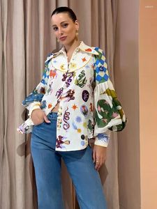 Blouses pour femmes Graffiti Print Collar Lantern Lantern Sheve Cardigan Shirt 2024 Tops Tops Dames Vintage Holiday Streetwear