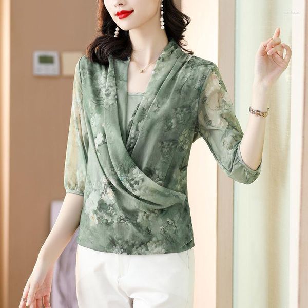 Blouses pour femmes vert imprimé fleuri en mousseline de soie chemise printemps été mode Blouse 2023 Style coréen col en v à manches longues élégant pour femme
