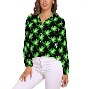 Vrouwen Blouses Groene Grappige Kikker Losse Blouse Leuke Dierenprint Street Style Oversized Vrouwelijke Lange Mouwen Mooie Shirts Custom Tops