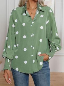 Blouses Femmes Chemise verte Femmes Vintage Polka Dot Print Blouse Femme Printemps Lanterne Manches Tops Dames Élégant Casual Simple Boutonnage