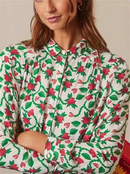 Blusas de mujer, camisa con dibujo de fresa de vid verde, blusa de manga larga de otoño 2024, Top de moda con un solo pecho para mujer