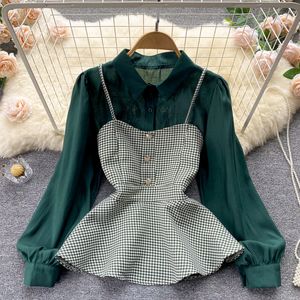 Blouses pour femmes vert blanc contraste couleur Patchwork chemisiers à manches longues Blusas Mujer De Moda 2023 automne Vintage chemises à simple boutonnage