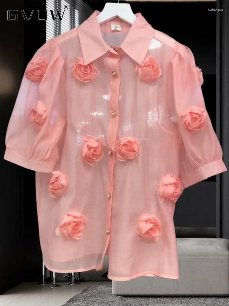 Blouses pour femmes gvuw 3d fleurs chemise de mode Femmes Reverse à manches bouffantes courte coloride solide 2024 Été 17G5828