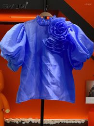 Blouses pour femmes gvuw mode 3d fleurs chemise femme pull en manches courtes collier de support de couleur solide été 2024 Vêtements polyvalents 17G5878