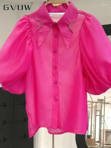 Blouses pour femmes gvuw chemise de mode de mode Femme Per perle la lanterne courte Couleur solide Single Breasted 2024 Chic Style Tops 17G6546