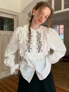 Damesblouses GypsyLady Frans Vintage Chic Overhemdblouse Bloemen Emboridery Lente Herfst Katoen Wit Kant Poppenkraag Dames Meisjes Overhemden