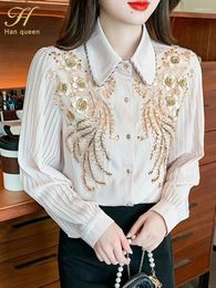 Damesblouses H Han Koningin Herfst Chiffon Blouse Dames Borduren Pailletten Kralen Shirts Kantoorwerk Lange mouwen Vintage Losse tops