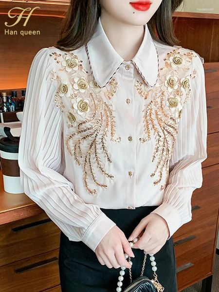 Blusas de mujer H Han Queen Blusa de gasa de otoño Camisas con cuentas de lentejuelas bordadas para mujer Trabajo de oficina Tops sueltos vintage de manga larga