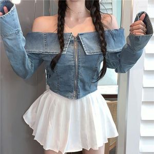 Chemisiers pour femmes H.sa Vintage Loose Slash Neck Denim Shirt Femme Sexy Coréen Manches Longues Zipper Tops Jeans Short Top Summer Preppy