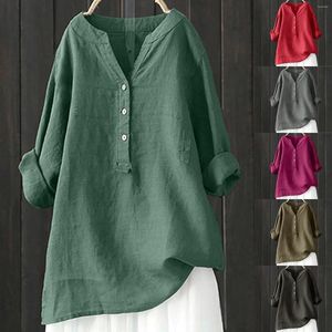 Women's Blouses Half Button V-Neck Blouse Tops staan ​​Lange mouw Solid Color Casual Loose Women Shirt Green Dames Blusas