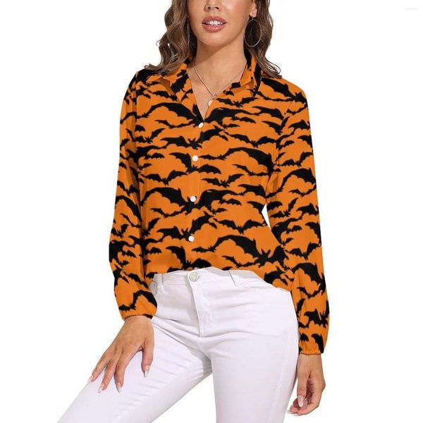 Blusas de mujer, blusa holgada con estampado de Halloween, murciélagos negros, camisa informal de gran tamaño para mujer, camisa de trabajo de oficina de manga larga, Top con patrón de primavera