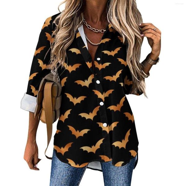 Blouses pour femmes Halloween Spooky Blouse Femme Or Chauve-Souris Imprimer Street Style Lâche D'été À Manches Longues Élégant Chemise Motif Vêtement