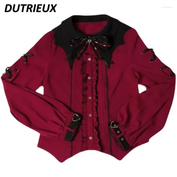 Blouses pour femmes Halloween Sweet Cool Mine Style JK Tops Bat Lace Collar Noir Rouge Chemise à manches longues Blouse et jupe courte à bretelles pour