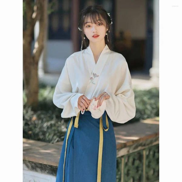 Blusas De mujer Hanfu, blusa bordada con cuello cruzado mejorado, camisa informal De manga larga con Base De Color sólido, Blusas De Chifon Elegantes